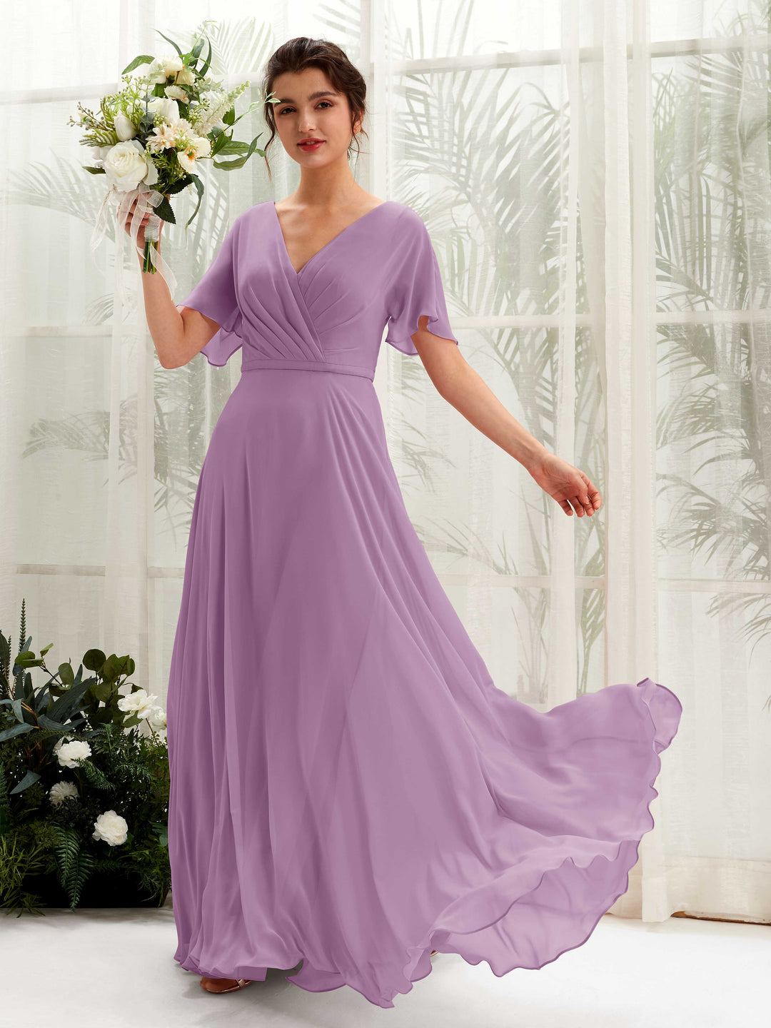 Carlyna A-Linien-Kleid V-Ausschnitt Wickelausschnitt Flatterärmel Bodenlang Brautjungfernkleider Orchideen-Nebel 