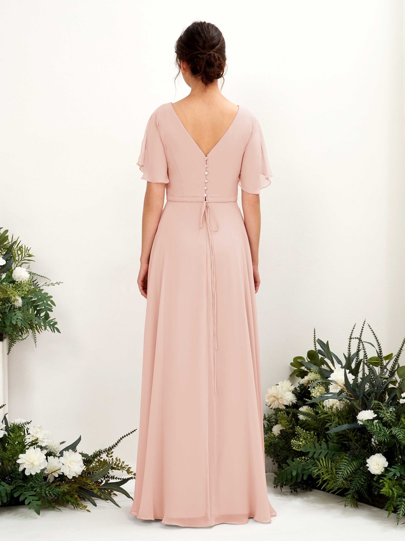 Carlyna A-Linien-Kleid V-Ausschnitt Wickelausschnitt Flatterärmel Bodenlang Brautjungfernkleider Perlrosa #farbe_perlrosa