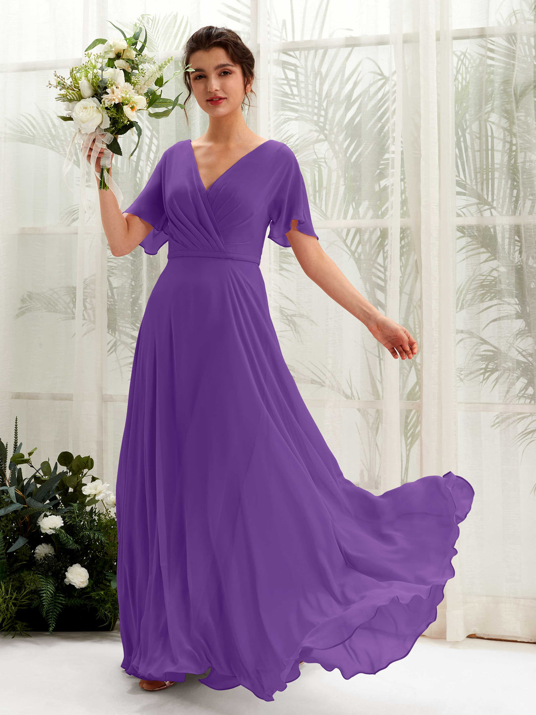 Carlyna A-Linien-Kleid V-Ausschnitt Wickelausschnitt Flatterärmel Bodenlang Brautjungfernkleider Regency 