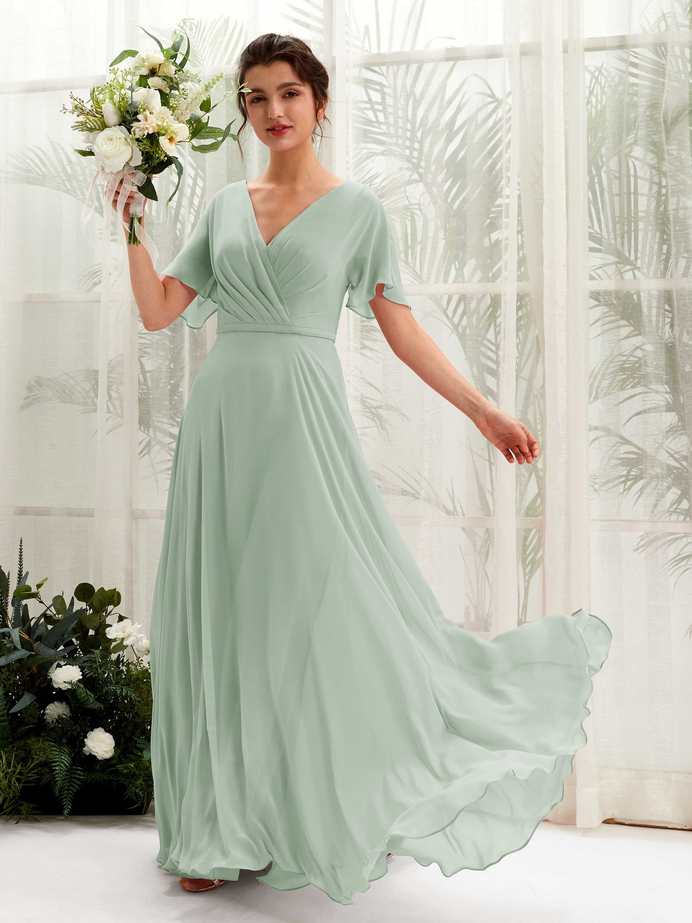 Carlyna A-Linien-Kleid V-Ausschnitt Wickelausschnitt Flatterärmel Bodenlang Brautjungfernkleider Salbeigrün #farbe_salbeigr-n