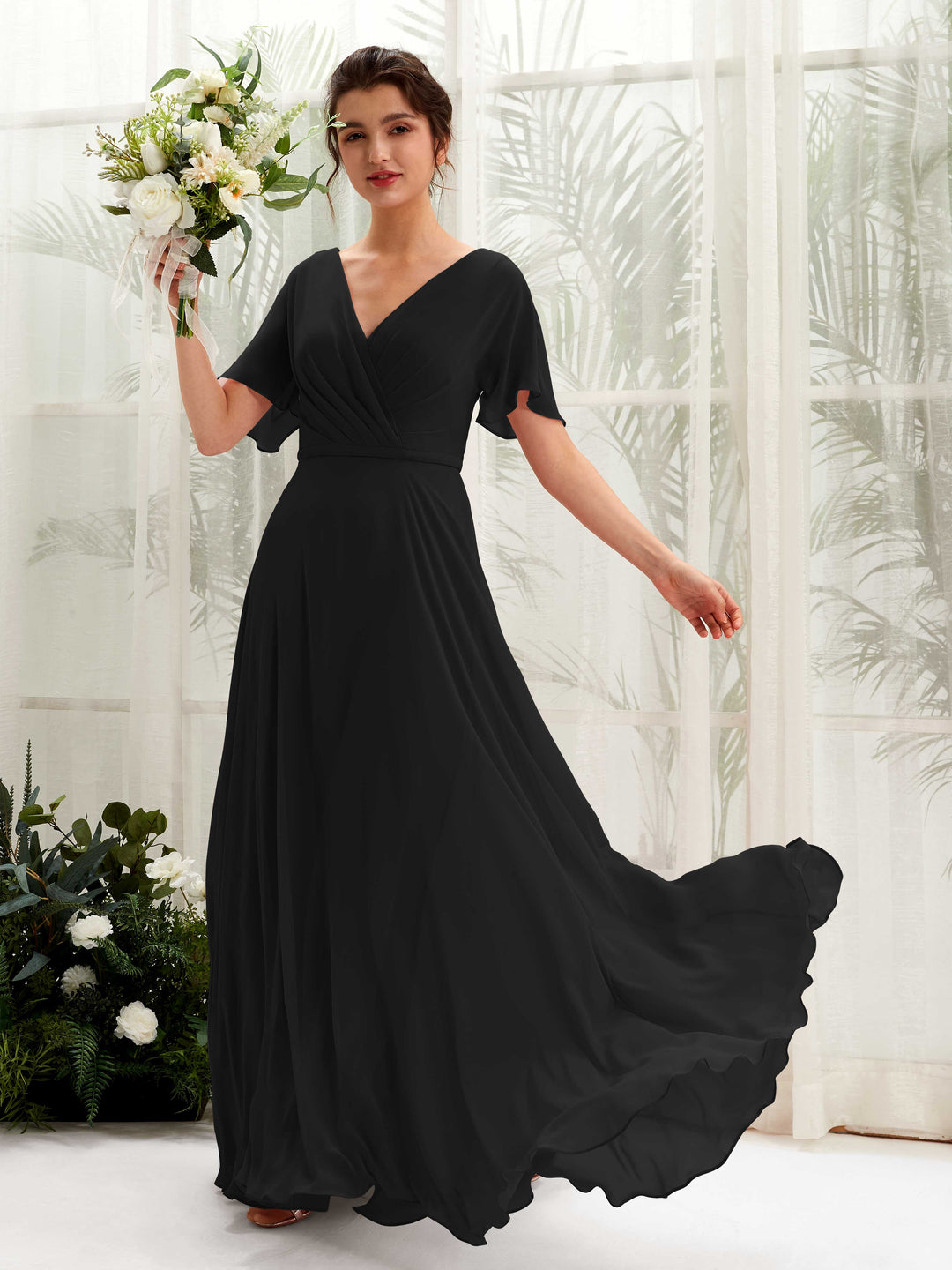 Carlyna A-Linien-Kleid V-Ausschnitt Wickelausschnitt Flatterärmel Bodenlang Brautjungfernkleider Schwarz 