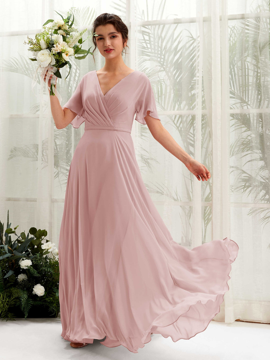 Carlyna A-Linien-Kleid V-Ausschnitt Wickelausschnitt Flatterärmel Bodenlang Brautjungfernkleider Staubige Rose 
