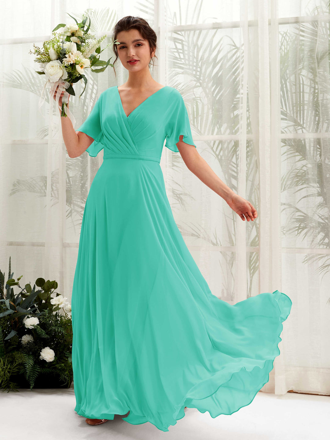 Carlyna A-Linien-Kleid V-Ausschnitt Wickelausschnitt Flatterärmel Bodenlang Brautjungfernkleider Tiffany-Blau 