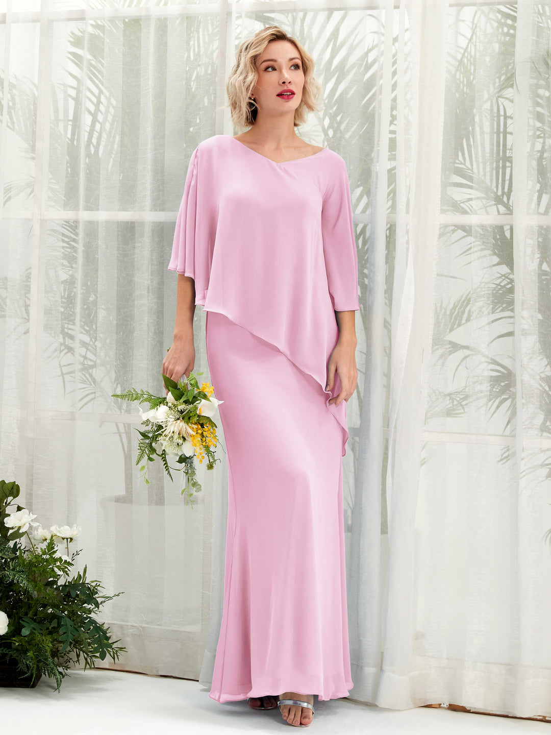 Carlyna A-Linien-Kleid Vokuhila Umhang-Ärmel Brautjungfernkleider Bonbonrosa 