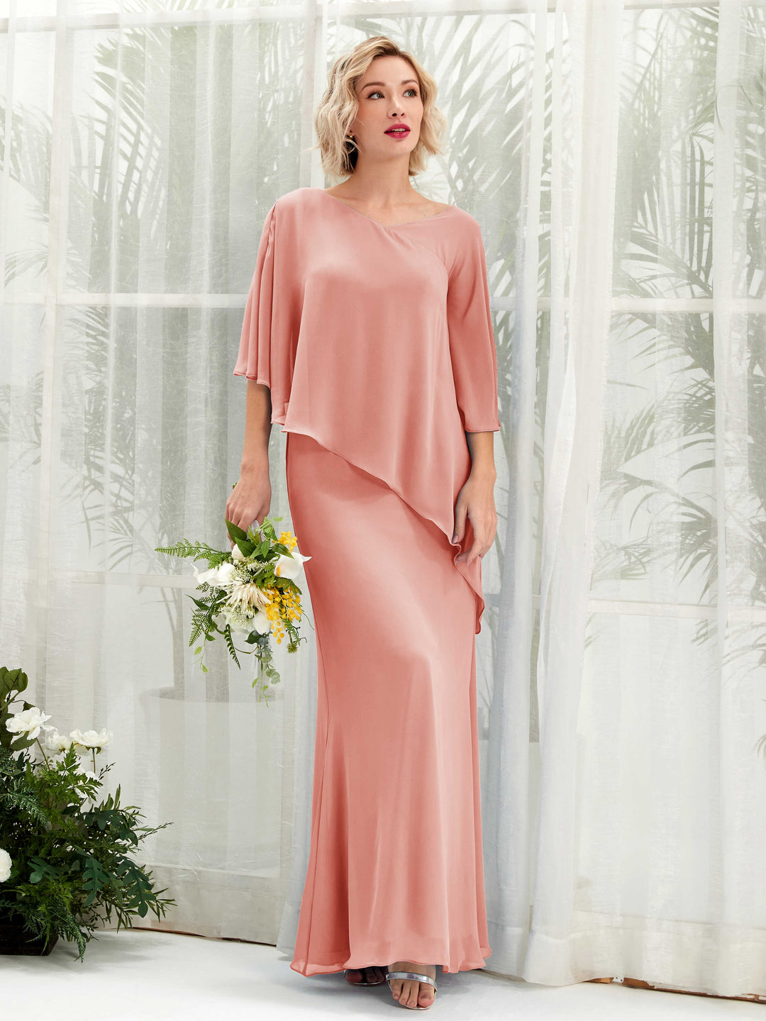 Carlyna A-Linien-Kleid Vokuhila Umhang-Ärmel Brautjungfernkleider Champagner-Rose 