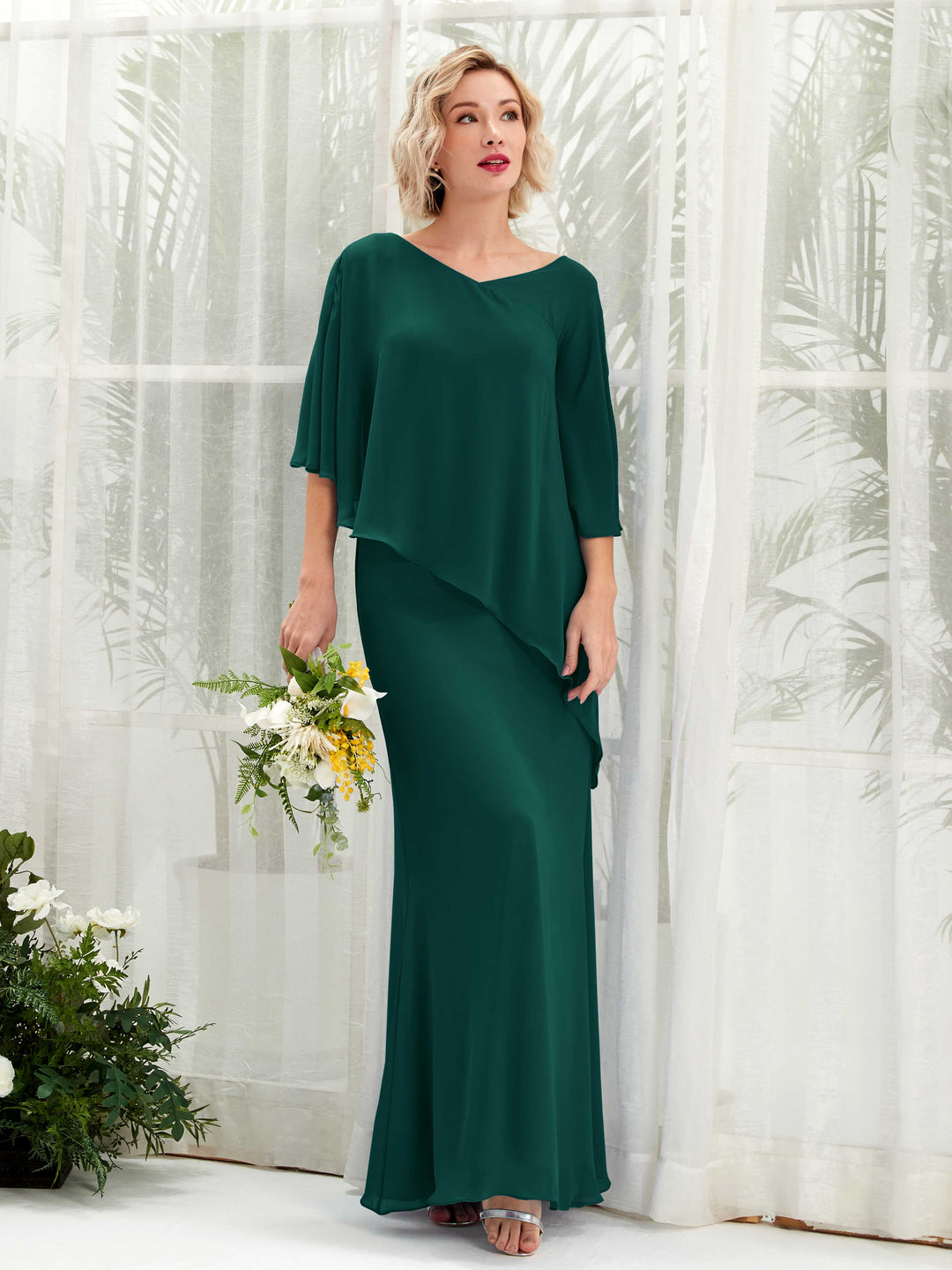 Carlyna A-Linien-Kleid Vokuhila Umhang-Ärmel Brautjungfernkleider Dunkelsmaragd 