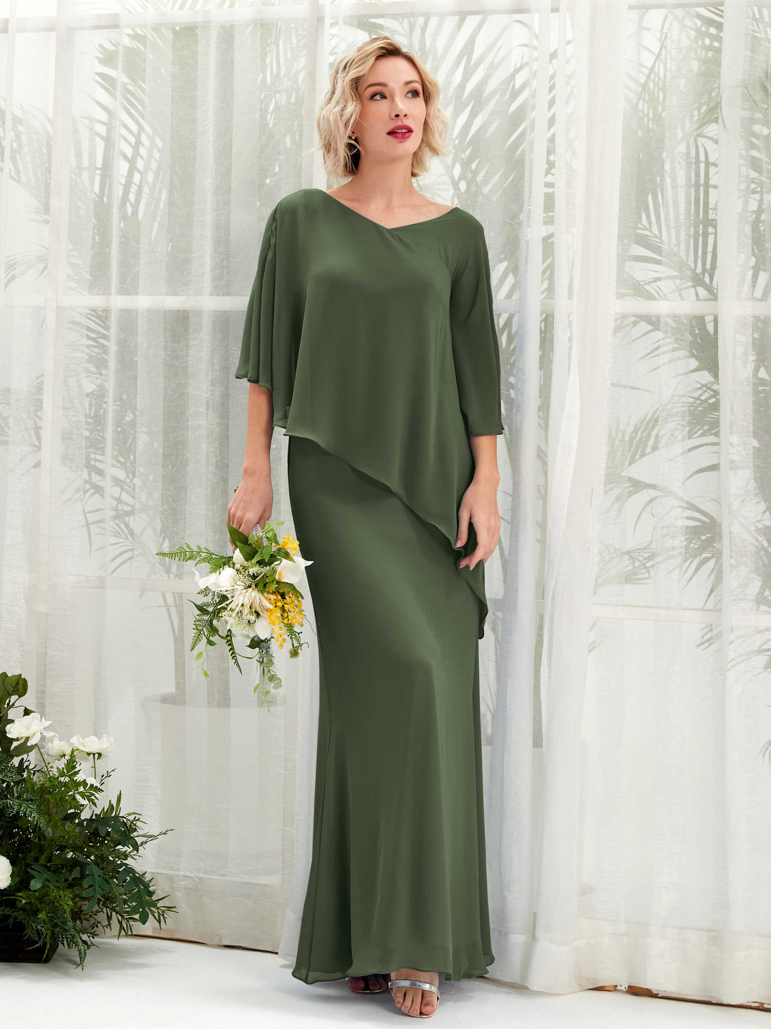 Carlyna A-Linien-Kleid Vokuhila Umhang-Ärmel Brautjungfernkleider Martini-Olive 