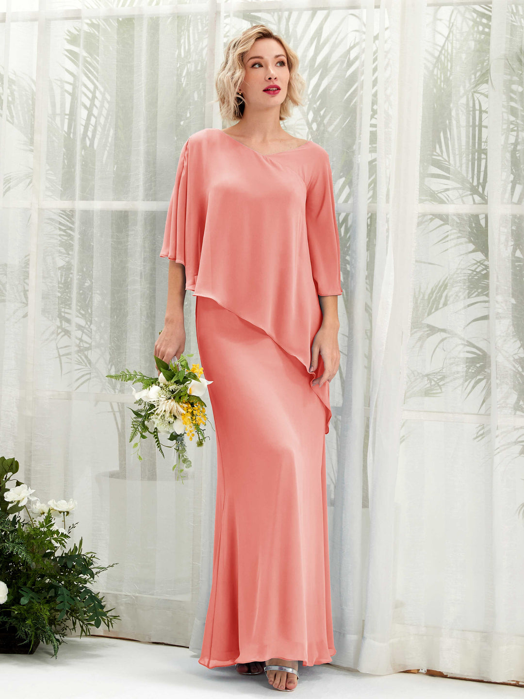 Carlyna A-Linien-Kleid Vokuhila Umhang-Ärmel Brautjungfernkleider Pfirsichrosa 