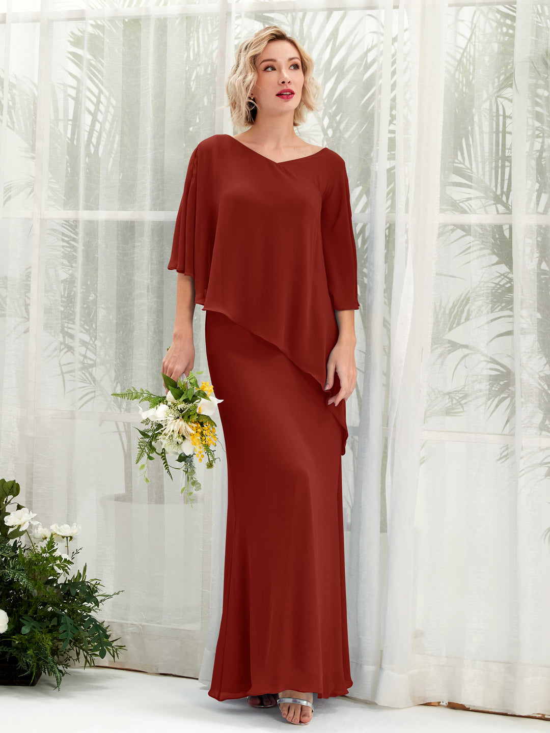 Carlyna A-Linien-Kleid Vokuhila Umhang-Ärmel Brautjungfernkleider Rostrot 