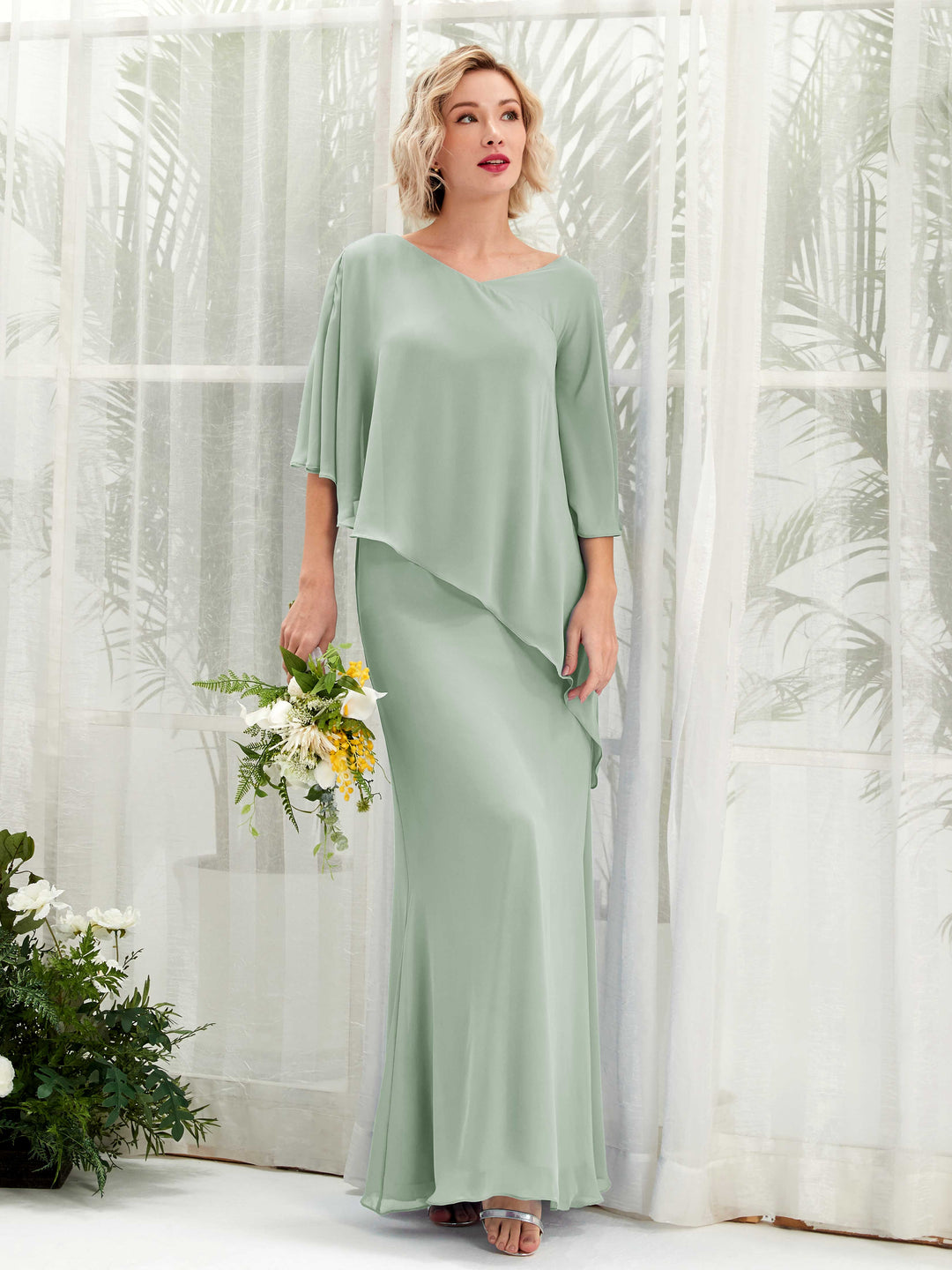 Carlyna A-Linien-Kleid Vokuhila Umhang-Ärmel Brautjungfernkleider Salbeigrün 