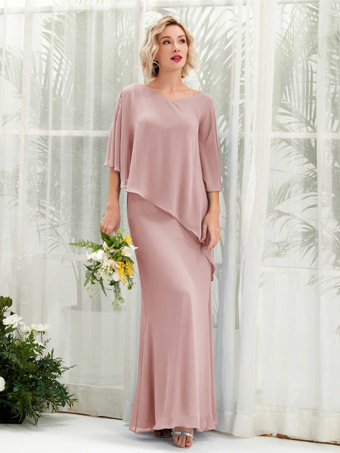 Carlyna A-Linien-Kleid Vokuhila Umhang-Ärmel Brautjungfernkleider Staubige Rose 