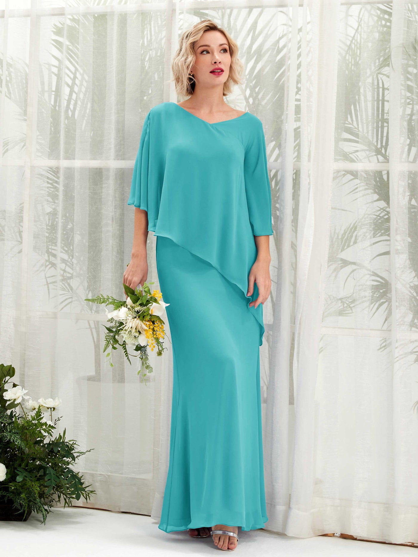 Carlyna A-Linien-Kleid Vokuhila Umhang-Ärmel Brautjungfernkleider Türkis #farbe_t-rkis