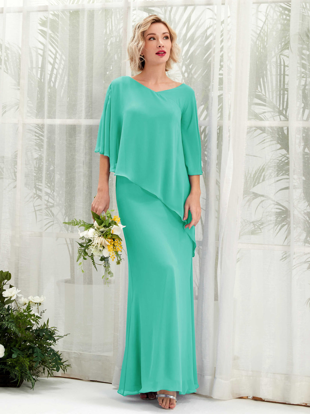 Carlyna A-Linien-Kleid Vokuhila Umhang-Ärmel Brautjungfernkleider Tiffany-Blau 