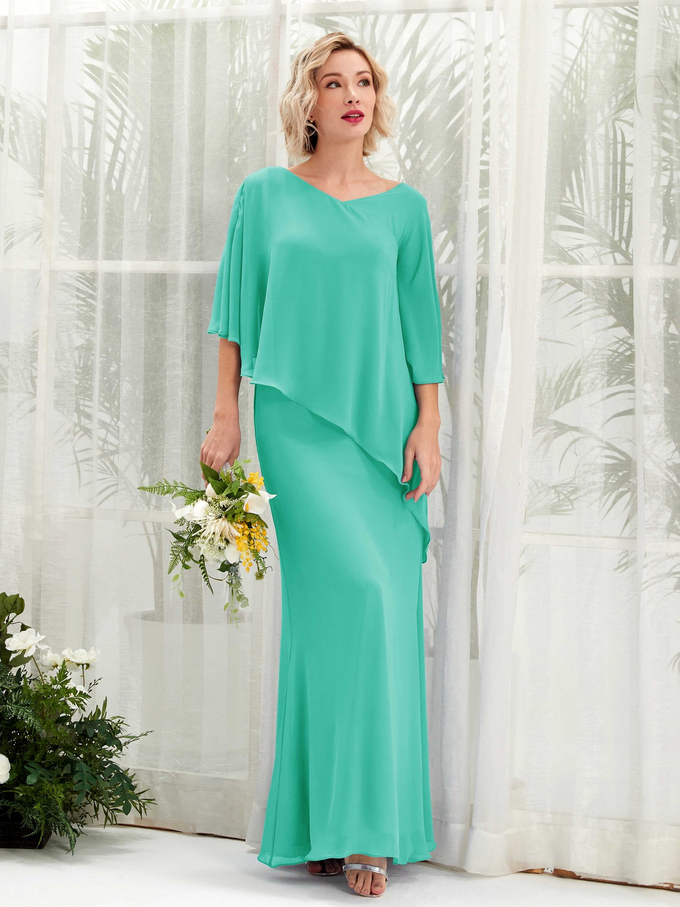 Carlyna A-Linien-Kleid Vokuhila Umhang-Ärmel Brautjungfernkleider Tiffany-Blau #farbe_tiffany-blau