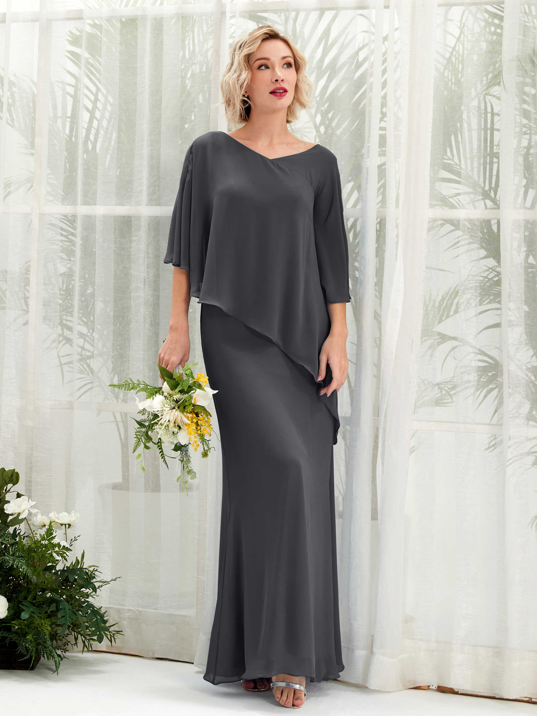 Carlyna A-Linien-Kleid Vokuhila Umhang-Ärmel Brautjungfernkleider Zinnfarben 