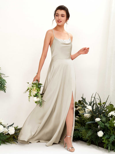 Carlyna A-Linien-Kleid Wasserfall-Ausschnitt Bodenlang mit Beinschlitz Brautjungfernkleid Champagner #farbe_champagner