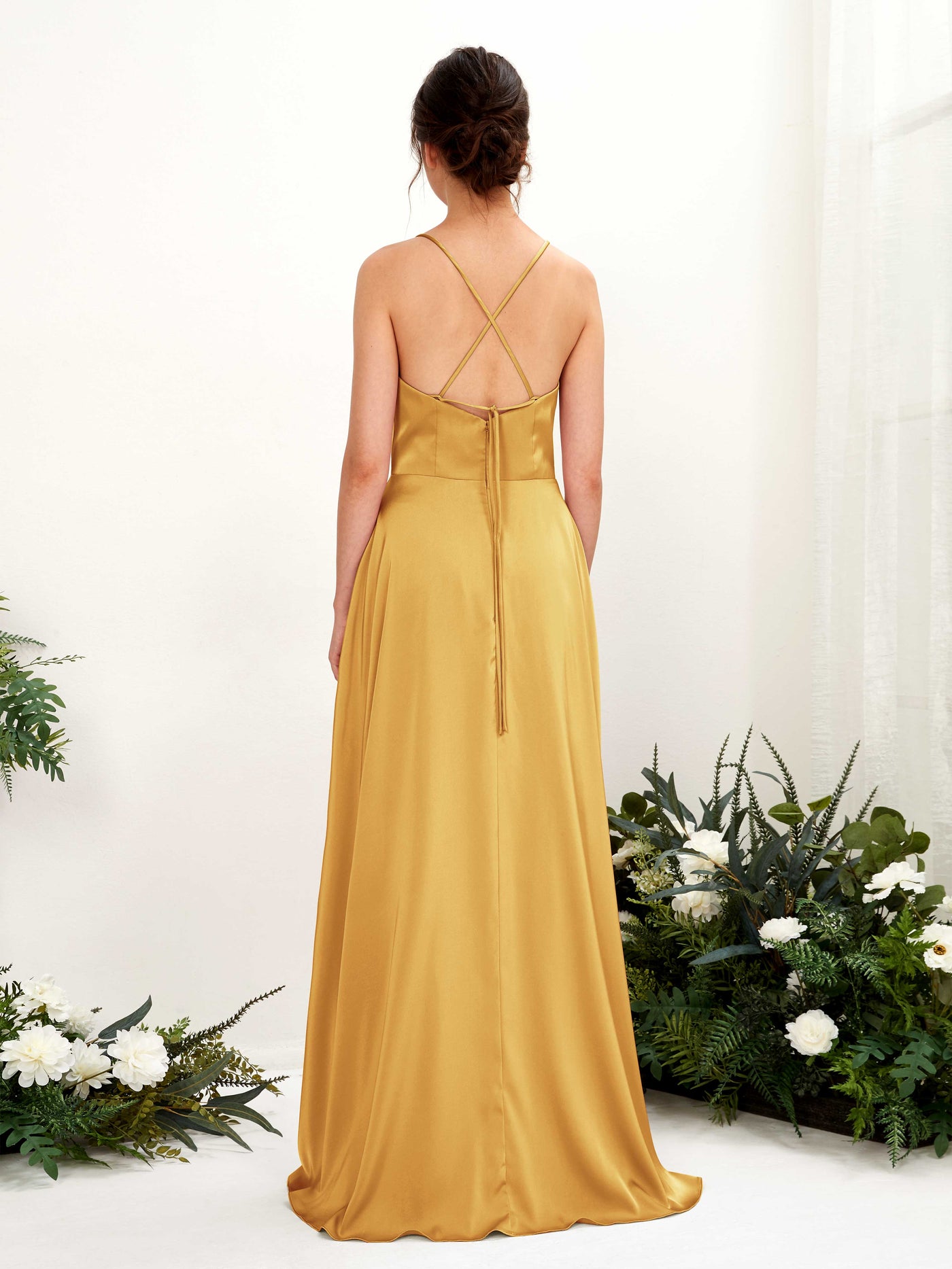 Carlyna A-Linien-Kleid Wasserfall-Ausschnitt Bodenlang mit Beinschlitz Brautjungfernkleid Kanariengelb #farbe_kanariengelb