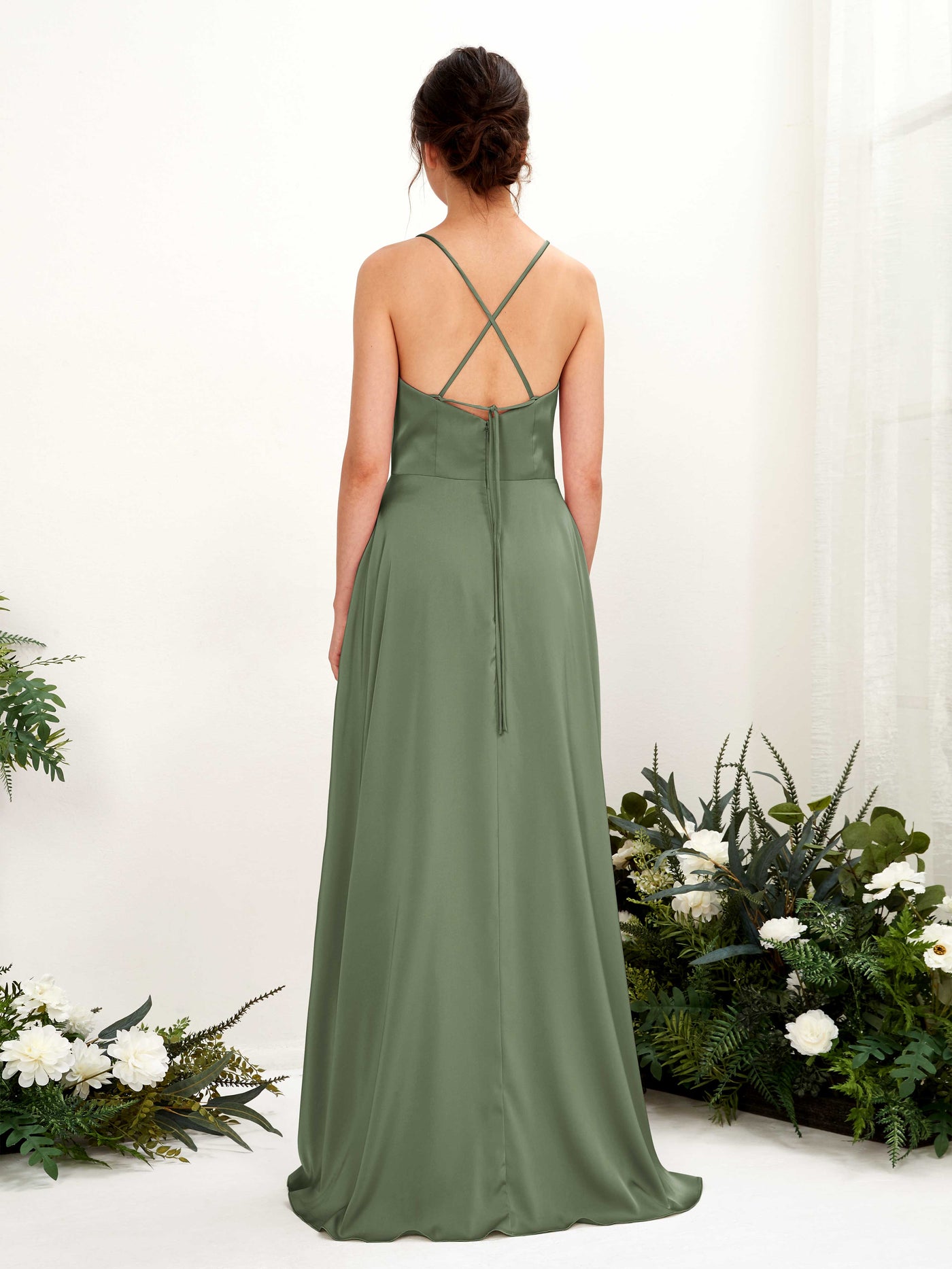 Carlyna A-Linien-Kleid Wasserfall-Ausschnitt Bodenlang mit Beinschlitz Brautjungfernkleid Olivgrün #farbe_olivgr-n