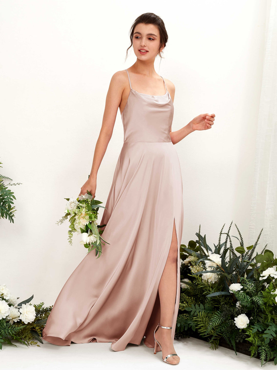 Carlyna A-Linien-Kleid Wasserfall-Ausschnitt Bodenlang mit Beinschlitz Brautjungfernkleid Perlrosa 