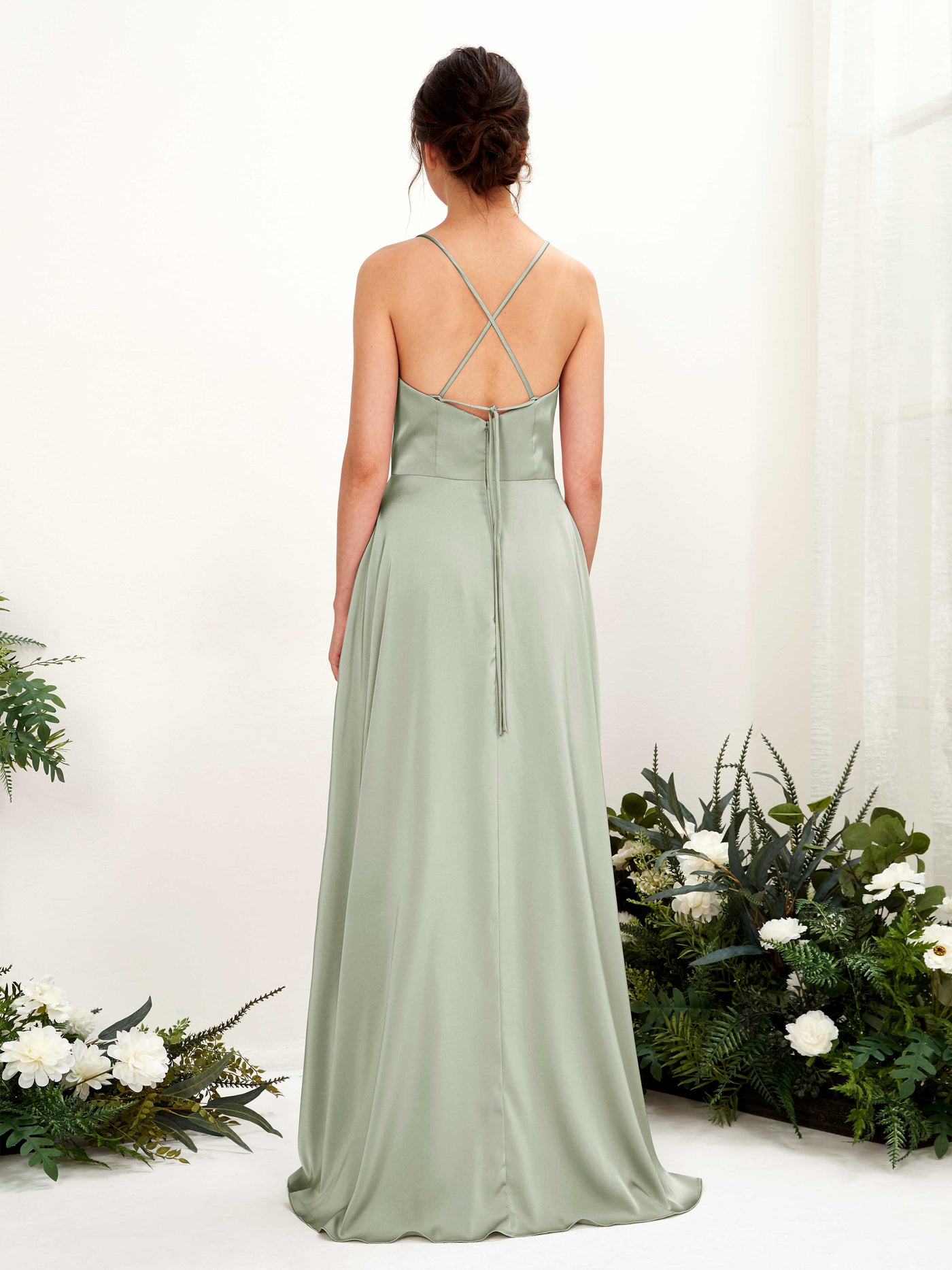 Carlyna A-Linien-Kleid Wasserfall-Ausschnitt Bodenlang mit Beinschlitz Brautjungfernkleid Salbeigrün #farbe_salbeigr-n