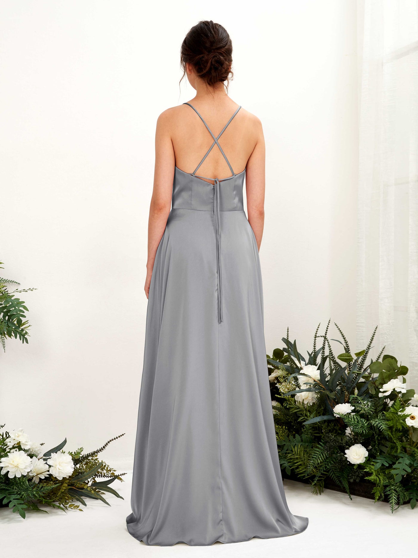 Carlyna A-Linien-Kleid Wasserfall-Ausschnitt Bodenlang mit Beinschlitz Brautjungfernkleid Stahlgrau #farbe_stahlgrau