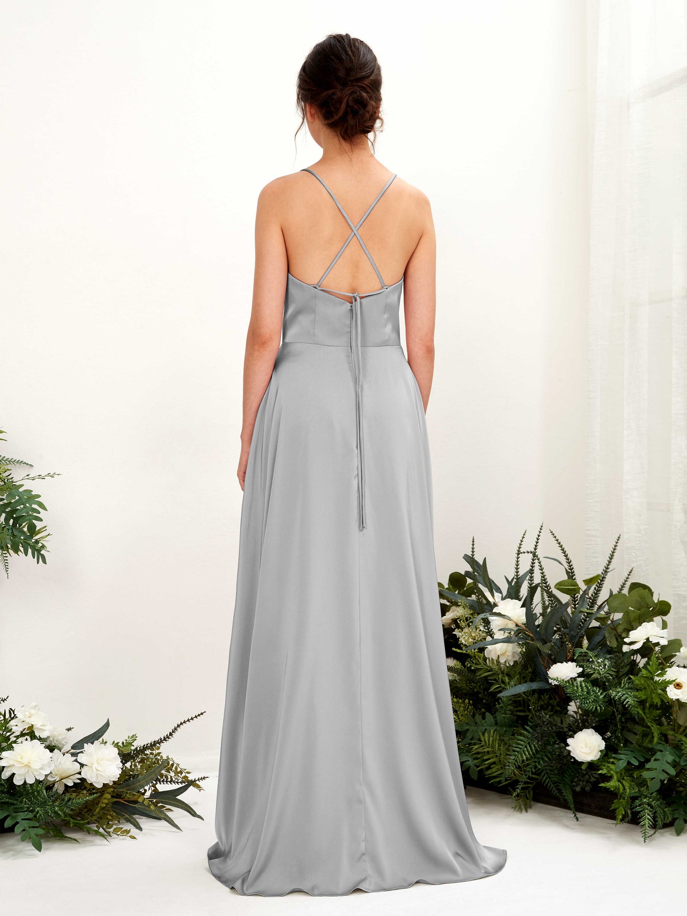 Carlyna A-Linien-Kleid Wasserfall-Ausschnitt Bodenlang mit Beinschlitz Brautjungfernkleid Taube #farbe_taube