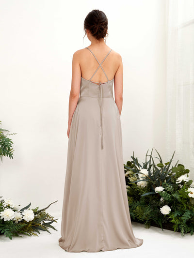 Carlyna A-Linien-Kleid Wasserfall-Ausschnitt Bodenlang mit Beinschlitz Brautjungfernkleid Taupe #farbe_taupe