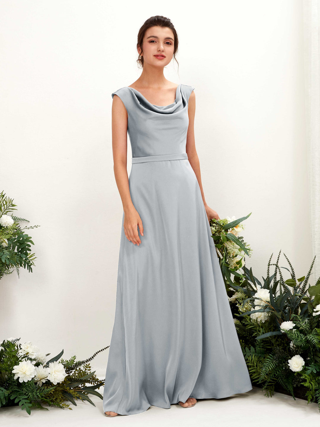Carlyna A-Linien-Kleid Wasserfall Ausschnitt Satin Bodenlang Brautjungfernkleid Baby Blau 