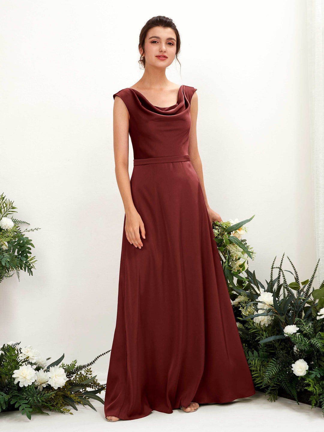 Carlyna A-Linien-Kleid Wasserfall Ausschnitt Satin Bodenlang Brautjungfernkleid Burgunderrot 