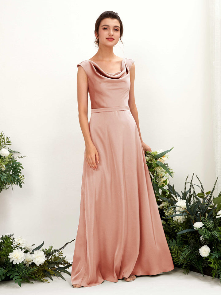 Carlyna A-Linien-Kleid Wasserfall Ausschnitt Satin Bodenlang Brautjungfernkleid Cantaloupe 