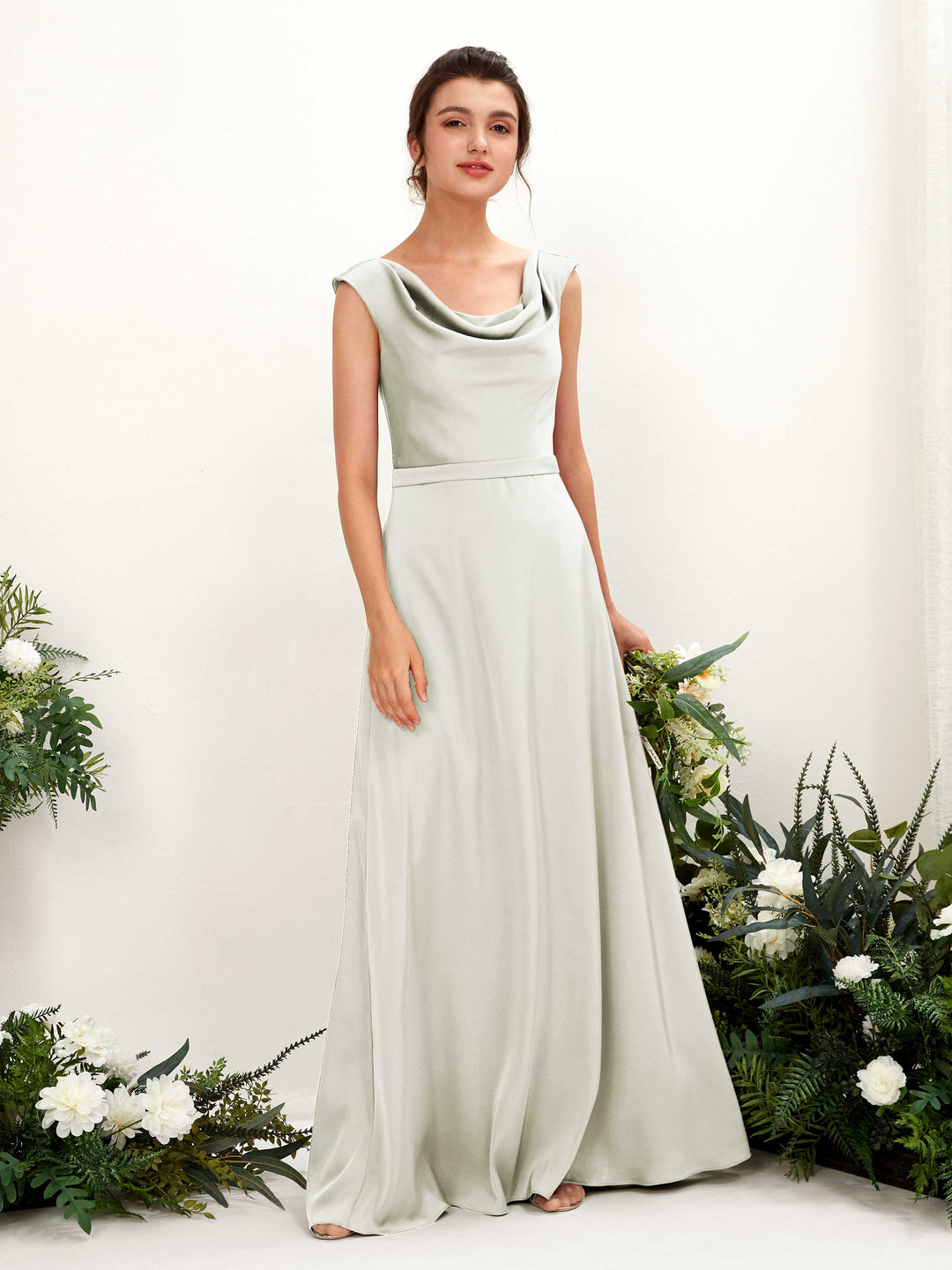 Carlyna A-Linien-Kleid Wasserfall Ausschnitt Satin Bodenlang Brautjungfernkleid Elfenbein 