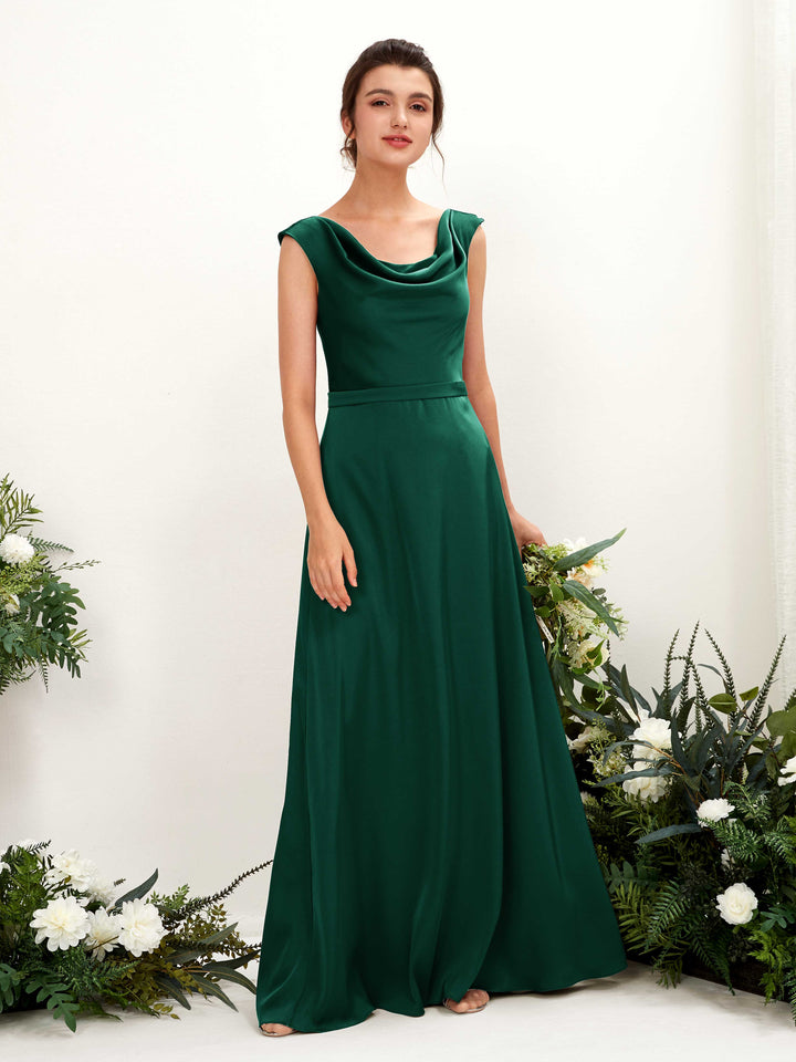 Carlyna A-Linien-Kleid Wasserfall Ausschnitt Satin Bodenlang Brautjungfernkleid Jägergrün 