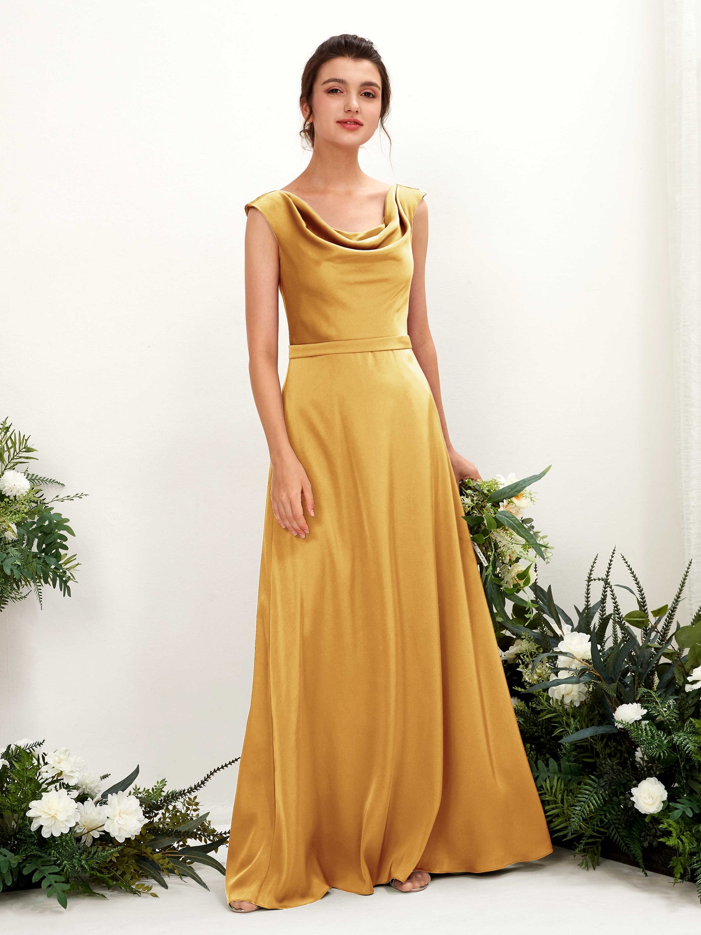Carlyna A-Linien-Kleid Wasserfall Ausschnitt Satin Bodenlang Brautjungfernkleid Kanariengelb #farbe_kanariengelb