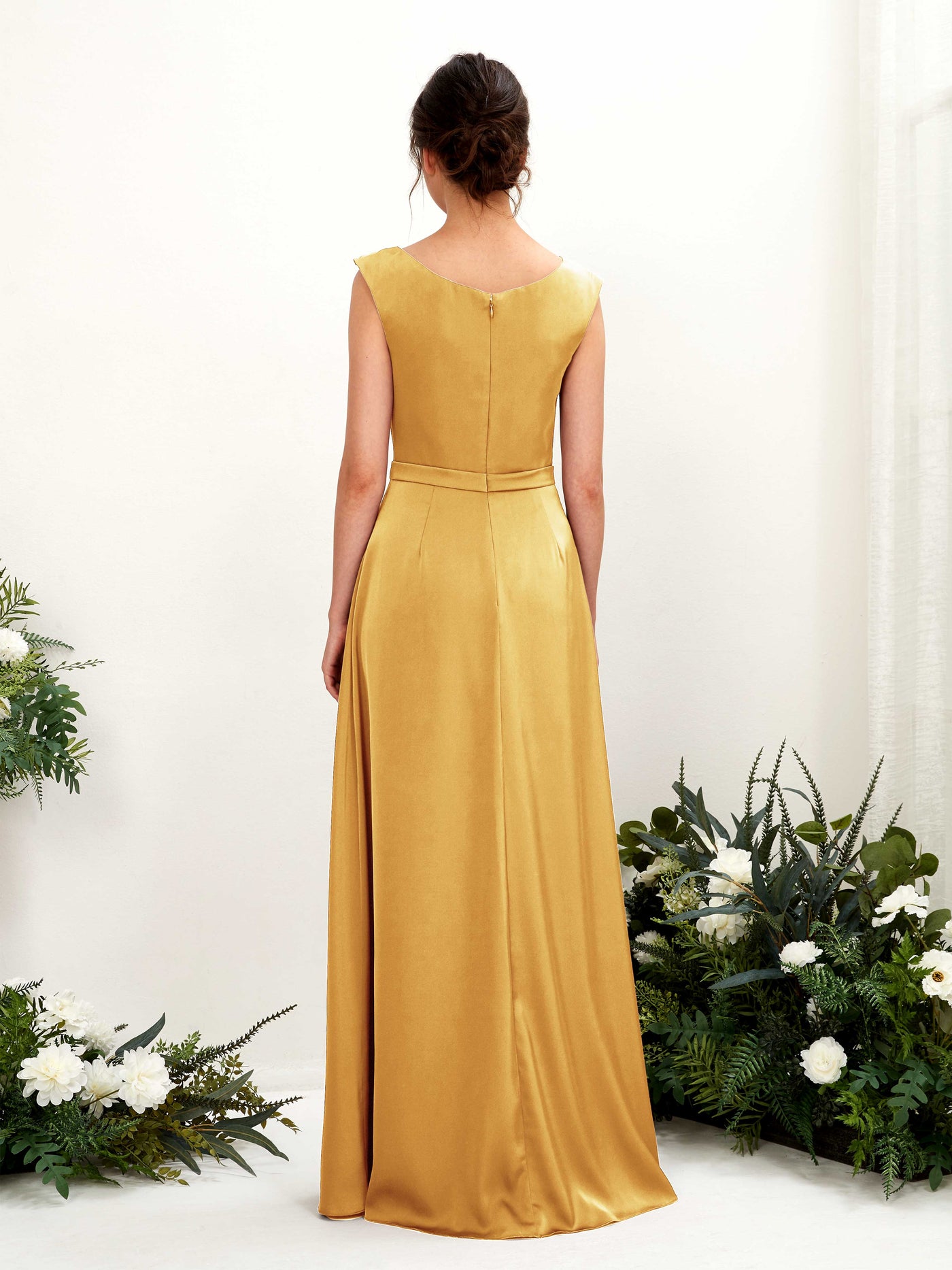 Carlyna A-Linien-Kleid Wasserfall Ausschnitt Satin Bodenlang Brautjungfernkleid Kanariengelb #farbe_kanariengelb