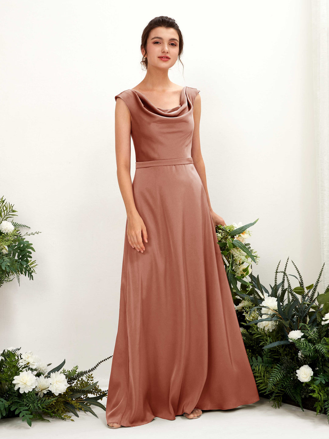Carlyna A-Linien-Kleid Wasserfall Ausschnitt Satin Bodenlang Brautjungfernkleid Natur-Siena 