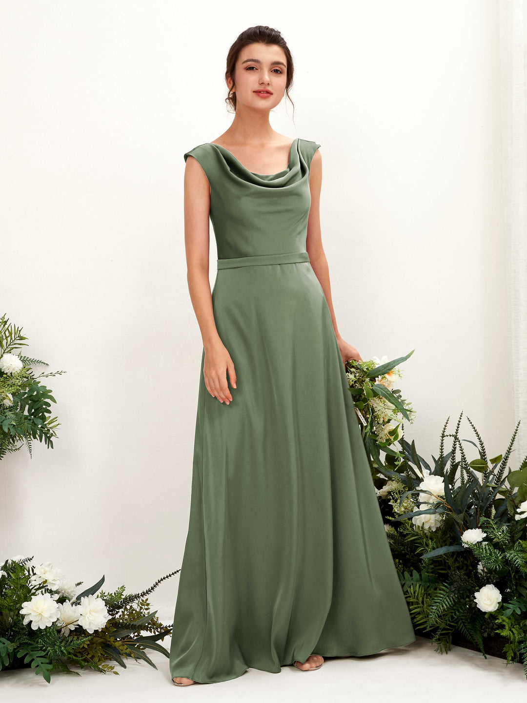 Carlyna A-Linien-Kleid Wasserfall Ausschnitt Satin Bodenlang Brautjungfernkleid Olivgrün 