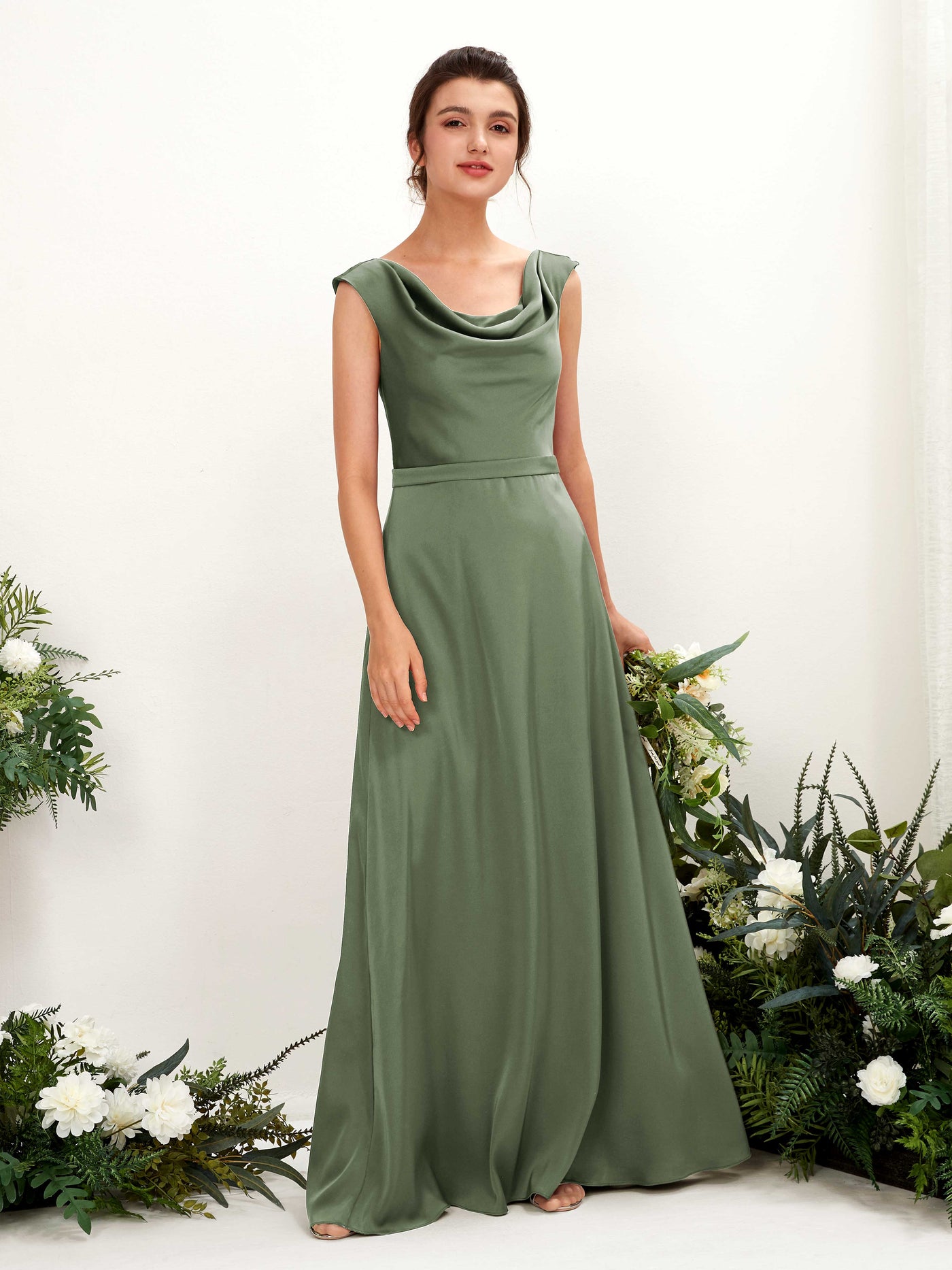 Carlyna A-Linien-Kleid Wasserfall Ausschnitt Satin Bodenlang Brautjungfernkleid Olivgrün #farbe_olivgr-n