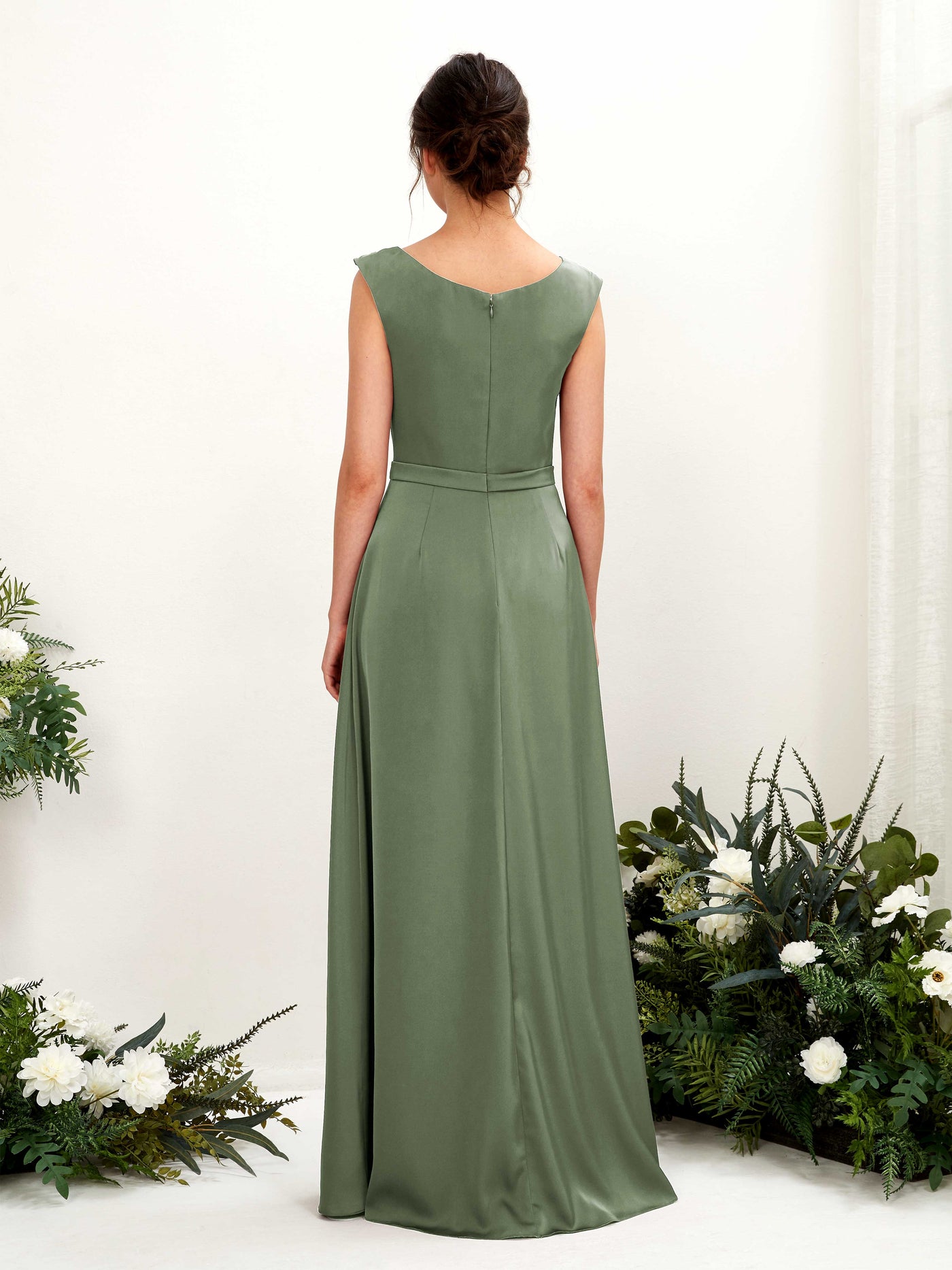 Carlyna A-Linien-Kleid Wasserfall Ausschnitt Satin Bodenlang Brautjungfernkleid Olivgrün #farbe_olivgr-n