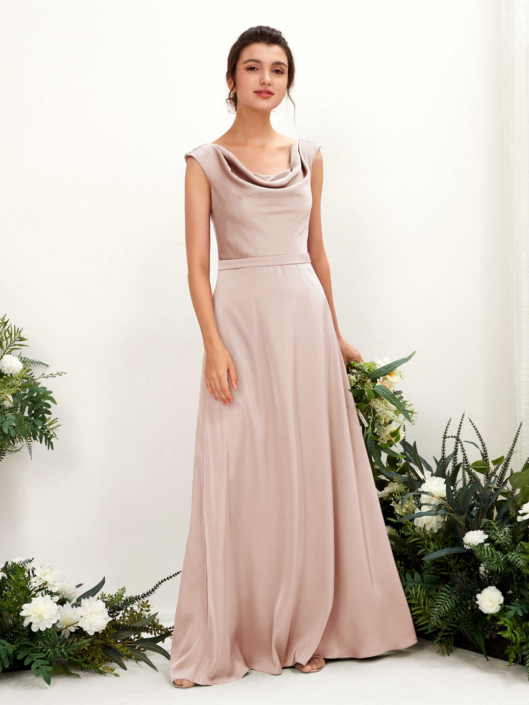 Carlyna A-Linien-Kleid Wasserfall Ausschnitt Satin Bodenlang Brautjungfernkleid Perlrosa 
