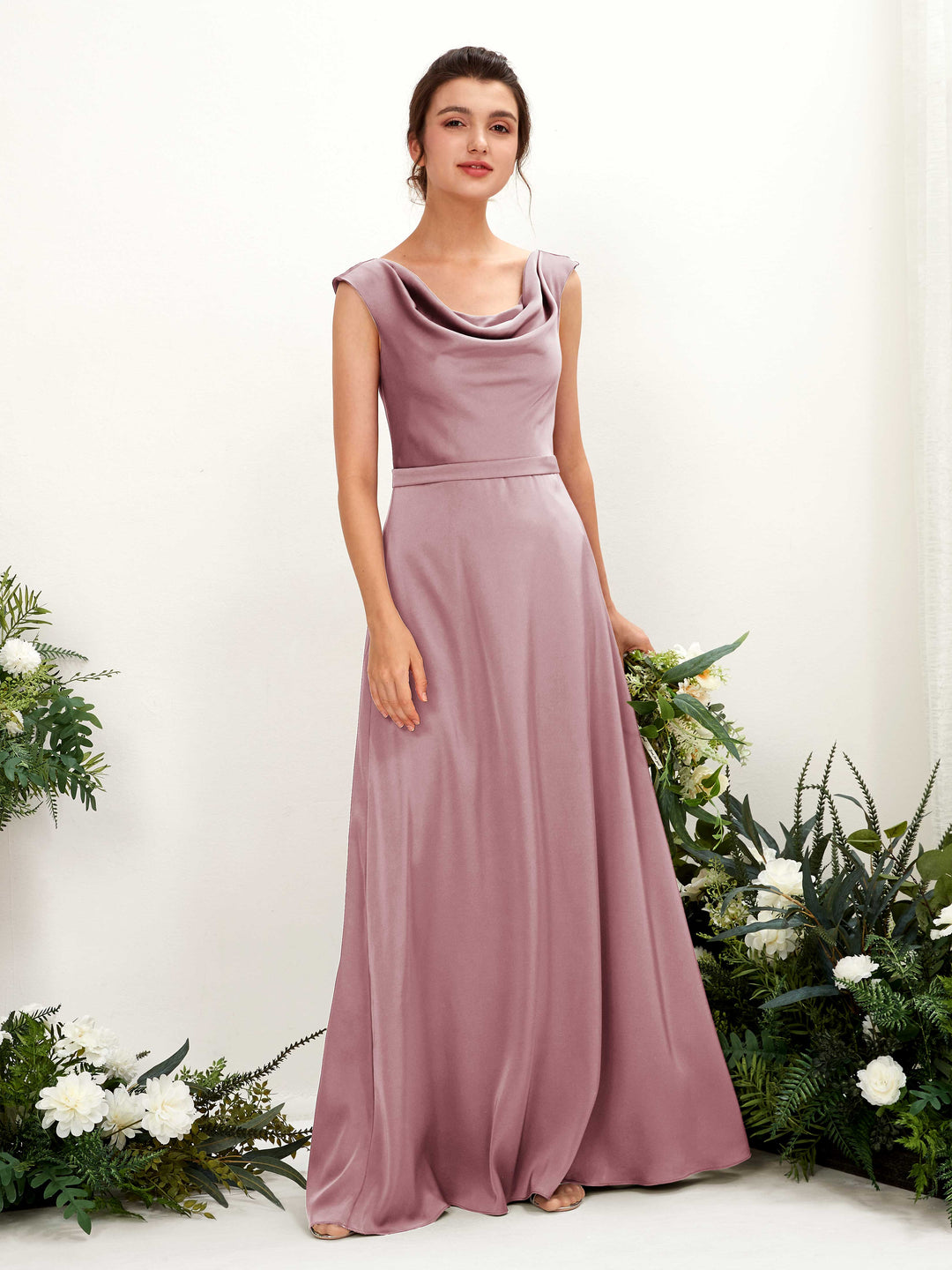 Carlyna A-Linien-Kleid Wasserfall Ausschnitt Satin Bodenlang Brautjungfernkleid Rosenquarz 