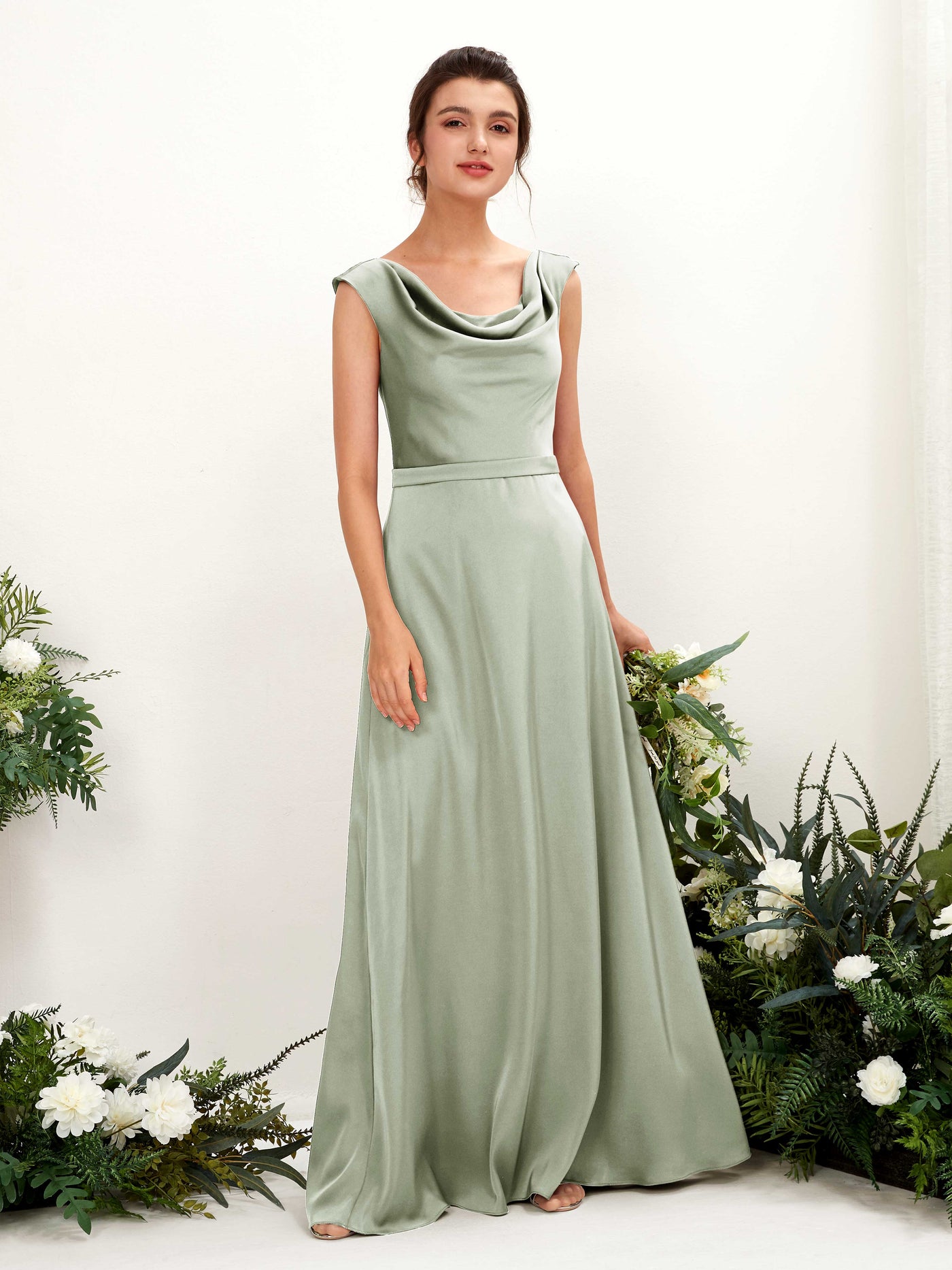 Carlyna A-Linien-Kleid Wasserfall Ausschnitt Satin Bodenlang Brautjungfernkleid Salbeigrün #farbe_salbeigr-n