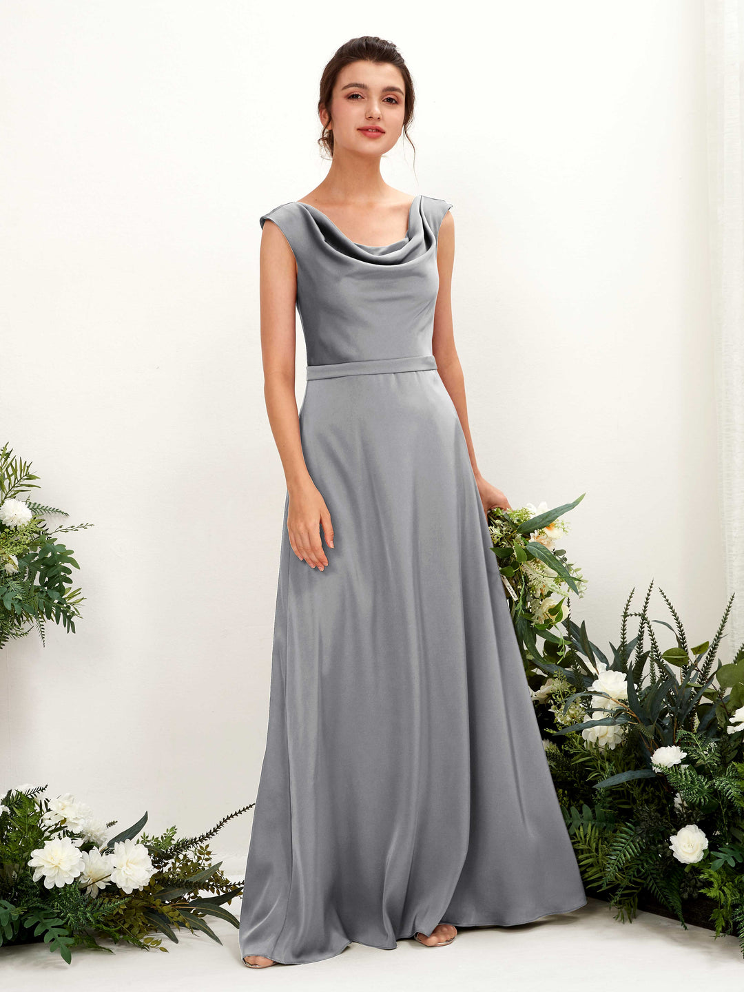 Carlyna A-Linien-Kleid Wasserfall Ausschnitt Satin Bodenlang Brautjungfernkleid Stahlgrau 