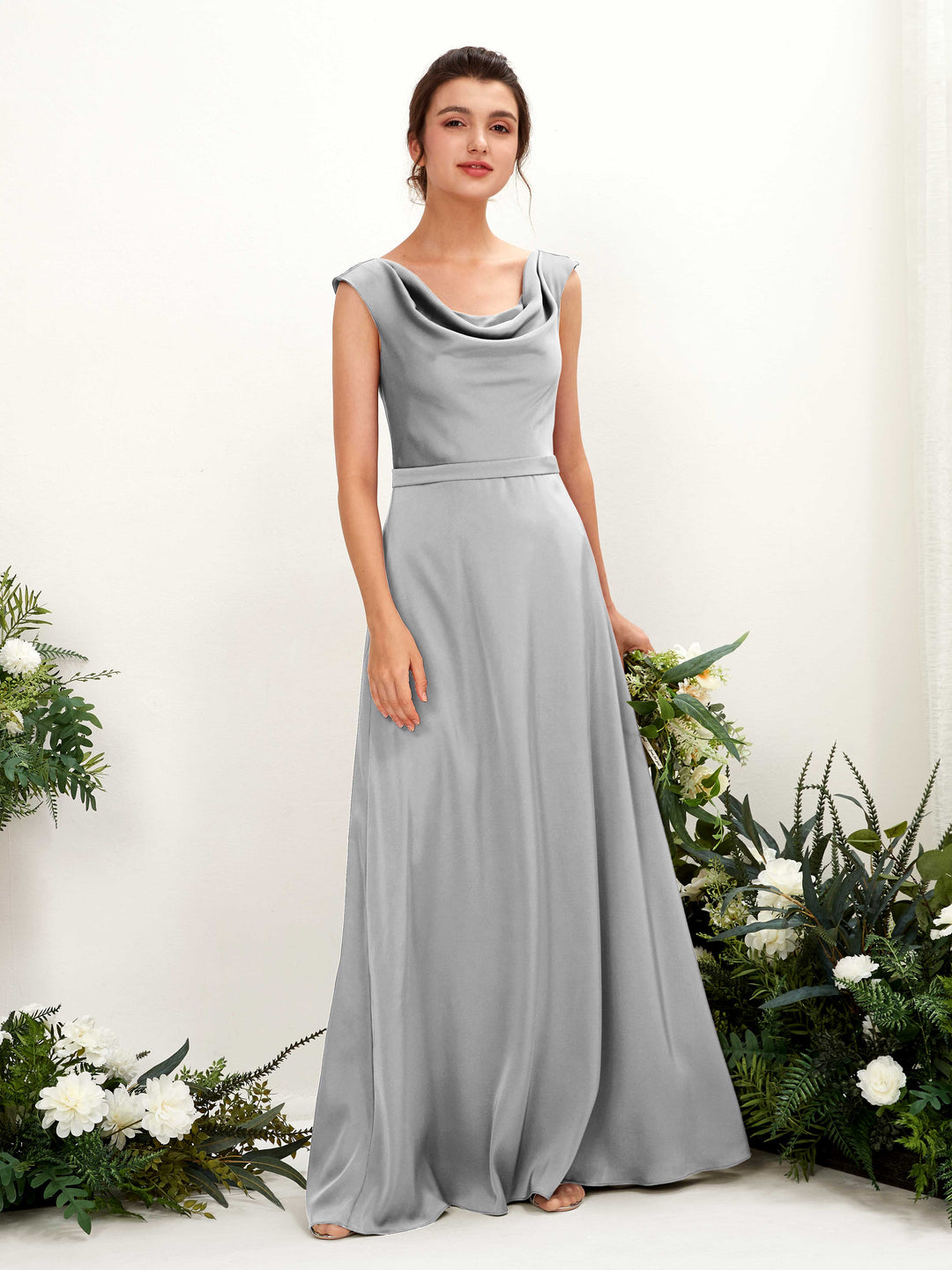 Carlyna A-Linien-Kleid Wasserfall Ausschnitt Satin Bodenlang Brautjungfernkleid Taube 