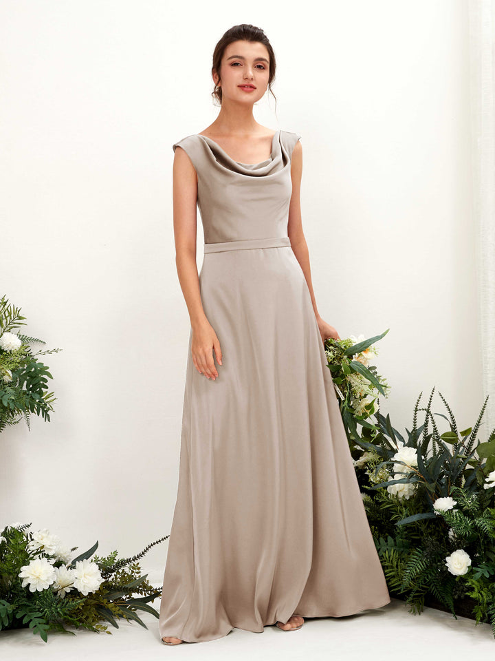 Carlyna A-Linien-Kleid Wasserfall Ausschnitt Satin Bodenlang Brautjungfernkleid Taupe 