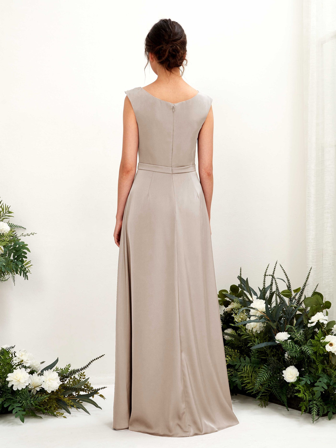Carlyna A-Linien-Kleid Wasserfall Ausschnitt Satin Bodenlang Brautjungfernkleid Taupe #farbe_taupe