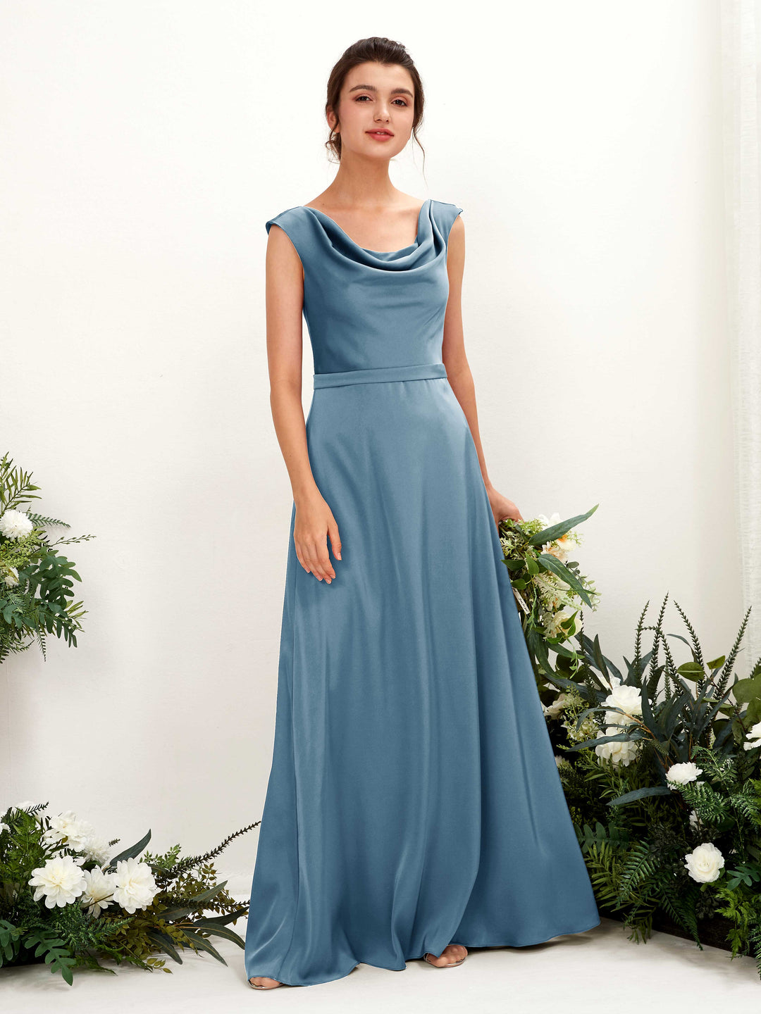 Carlyna A-Linien-Kleid Wasserfall Ausschnitt Satin Bodenlang Brautjungfernkleid Tinte Blau 