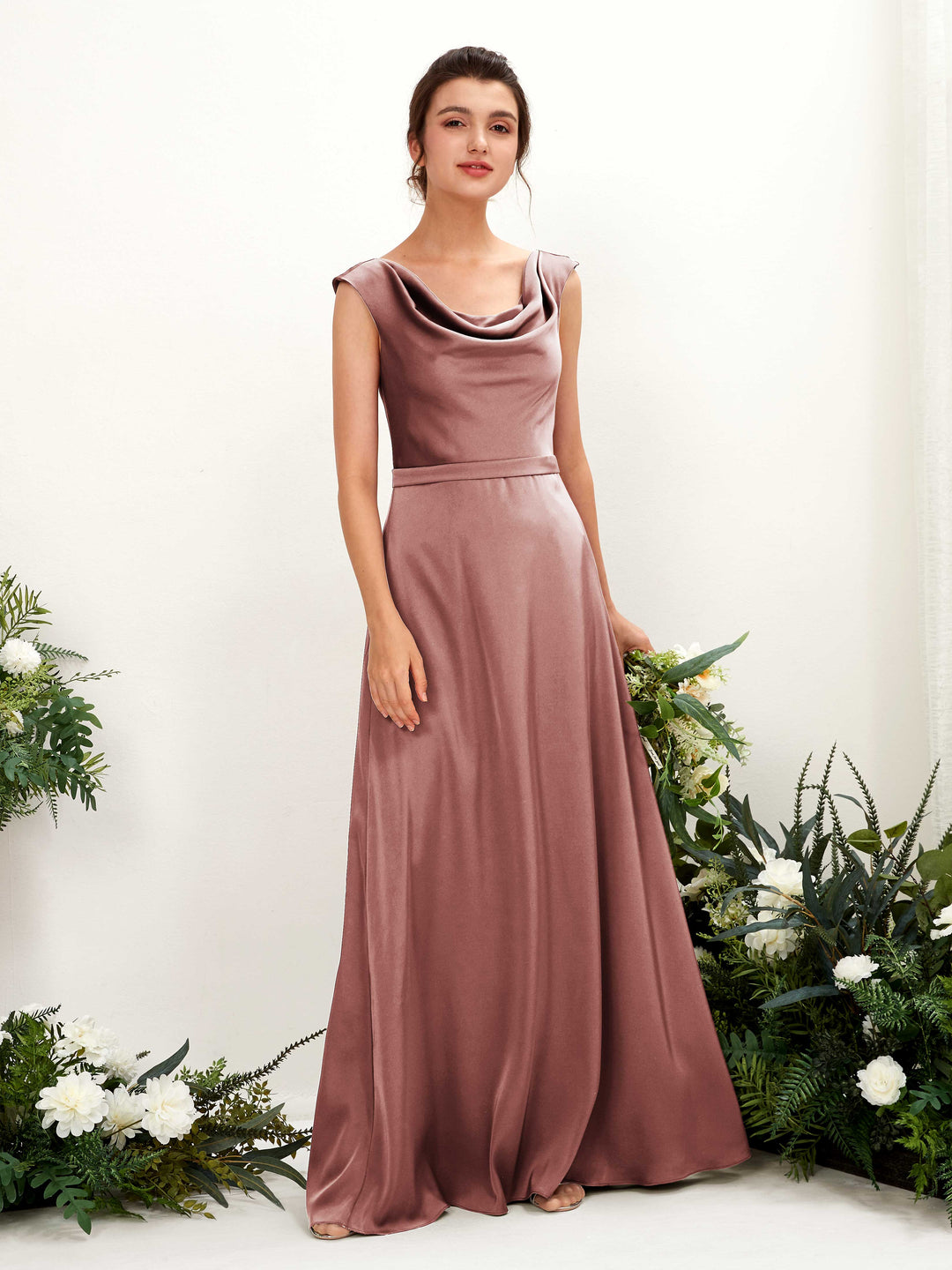 Carlyna A-Linien-Kleid Wasserfall Ausschnitt Satin Bodenlang Brautjungfernkleid Wüstenrose 
