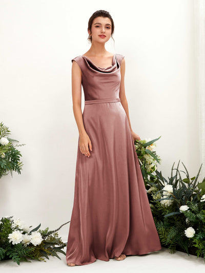 Carlyna A-Linien-Kleid Wasserfall Ausschnitt Satin Bodenlang Brautjungfernkleid Wüstenrose #farbe_w-stenrose