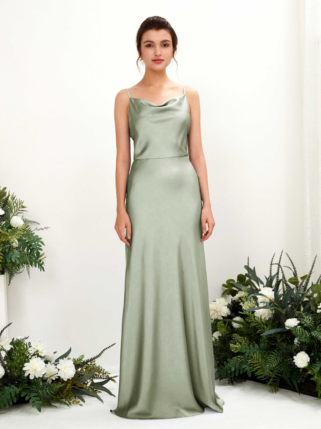Carlyna A-Linien-Kleid Wasserfall Bodenlang Brautjungfernkleider Salbeigrün 