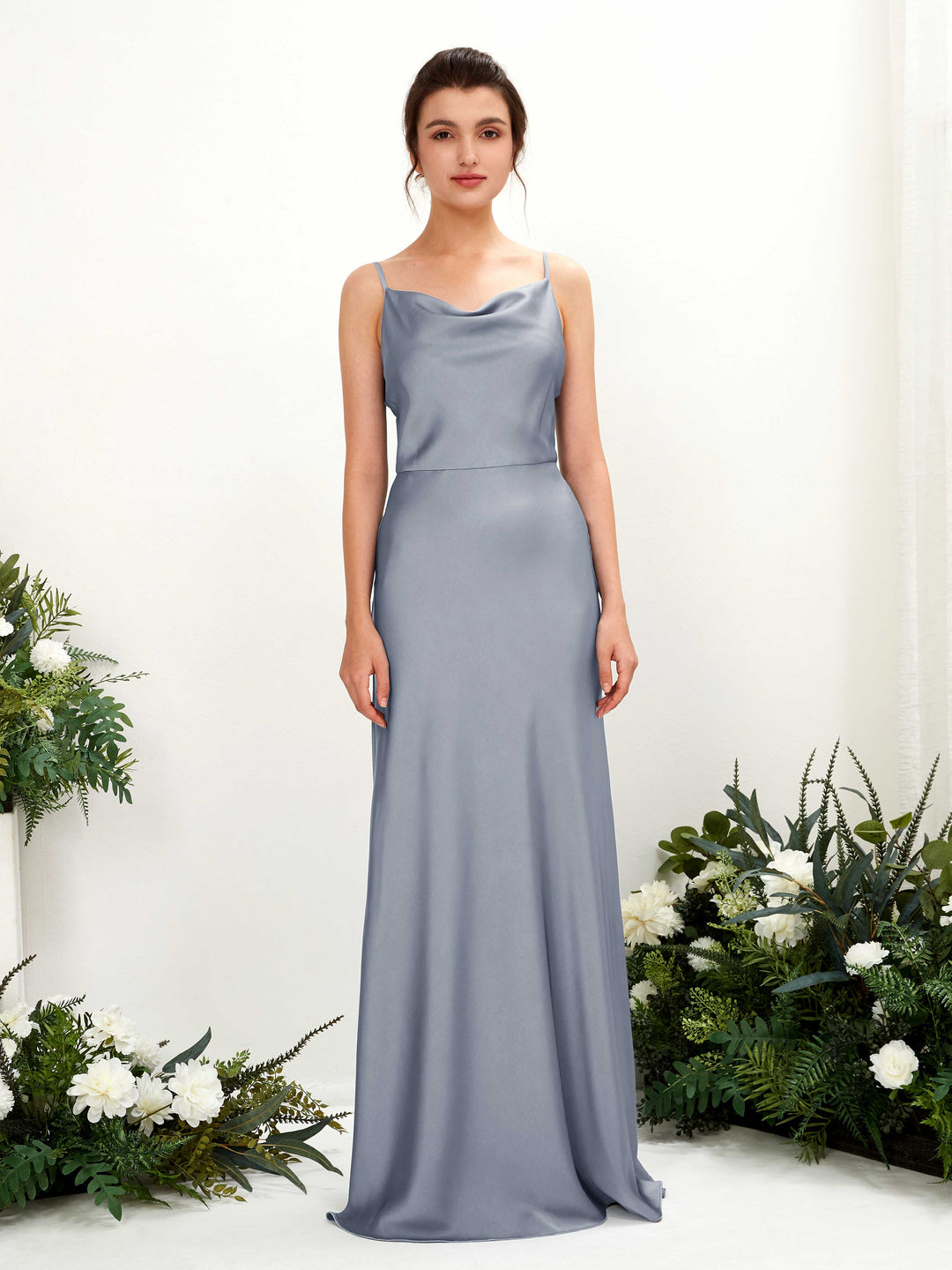 Carlyna A-Linien-Kleid Wasserfall Bodenlang Brautjungfernkleider Staubiges Blau 